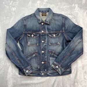 Jean Shop Trucker Jacket Mens Medium Blue Denim Distressed Collared Button Front